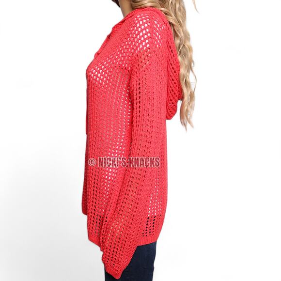Mododoc Pointelle Open Stitch Hooded Lace-Up Sweater Neon Coral Size M - Picture 6 of 10